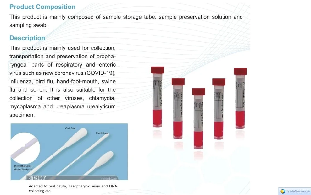 Medical Disposable Vtm Sampling Tube with Swab Viral Transport